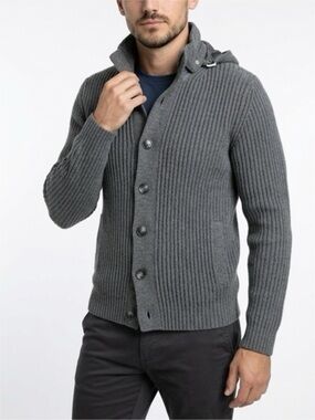 K516 TACTICAL GEAR Men's LARGE Ribbed Button-Up Hooded Sweater - Gray WOOL NEW